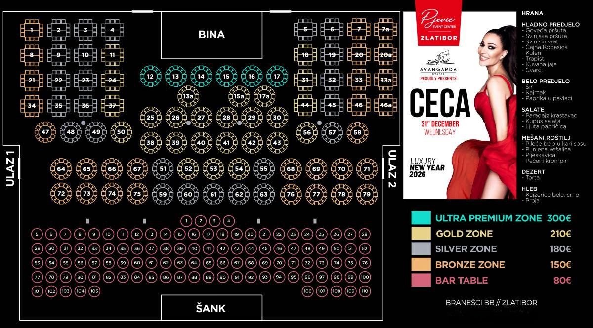 Mapa sedenja - Event centar Pjević Zlatibor Nova godina